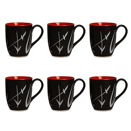 Caffeine Ceramic Stoneware Handmade Black & Red Leaf Coffee Mug (Set of 6) - Caffeine Premium Stoneware
