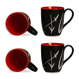 Caffeine Ceramic Stoneware Handmade Black & Red Leaf Coffee Mug (Set of 4) - Caffeine Premium Stoneware