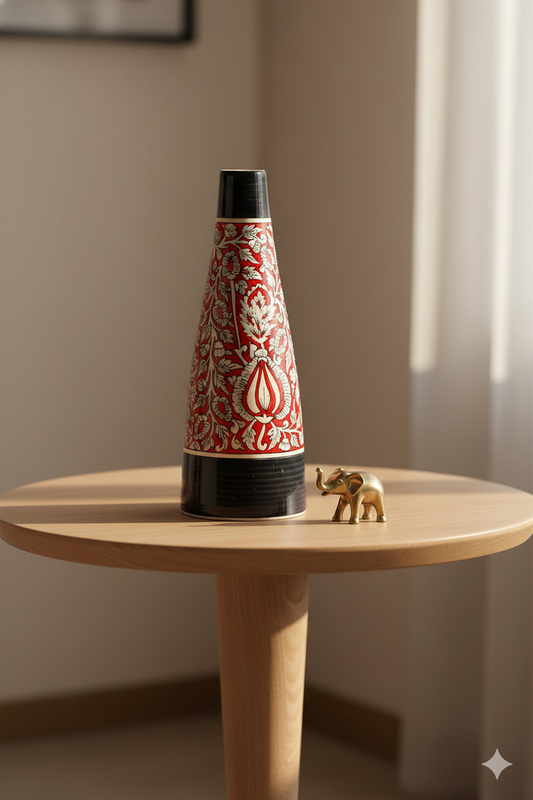Decorative vase with red and white pattern on a wooden table with a small elephant figurine.