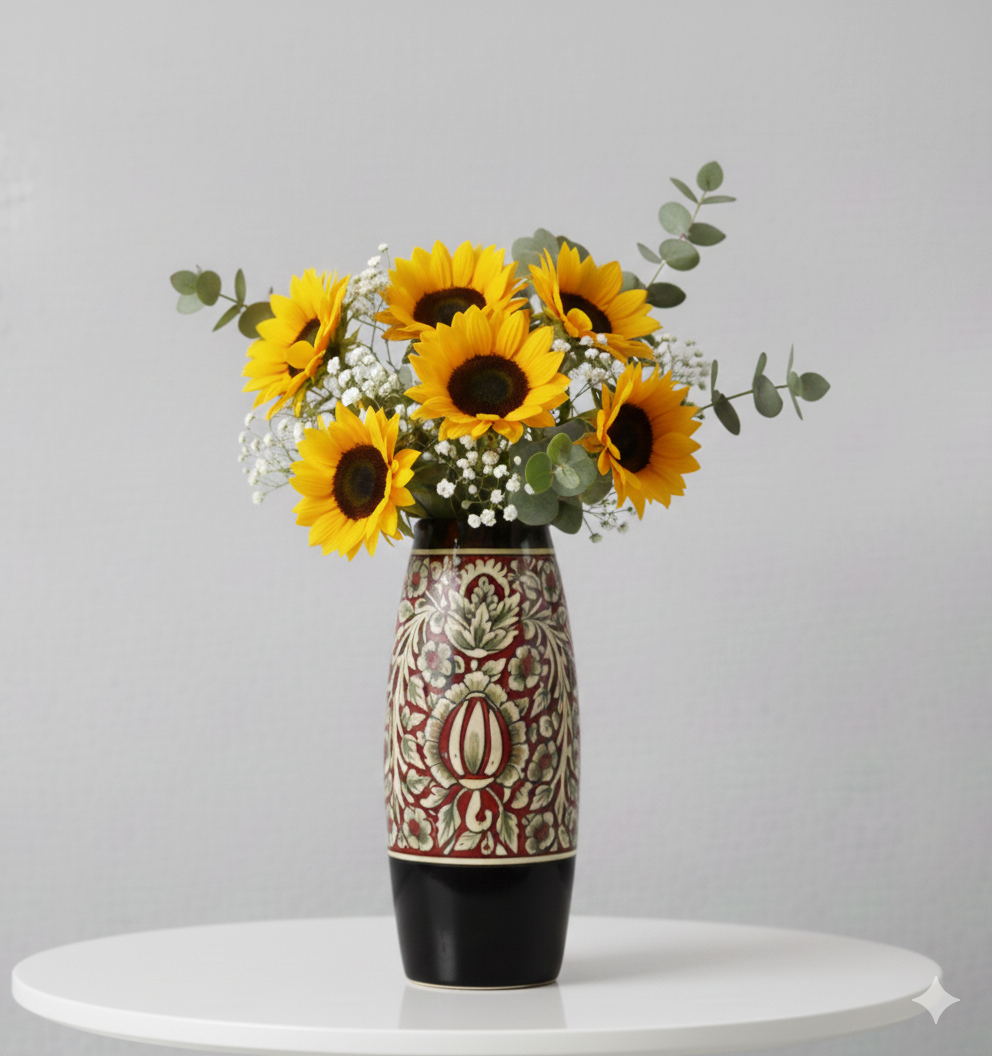 Decorative vase with sunflowers and greenery on a white surface and light gray background