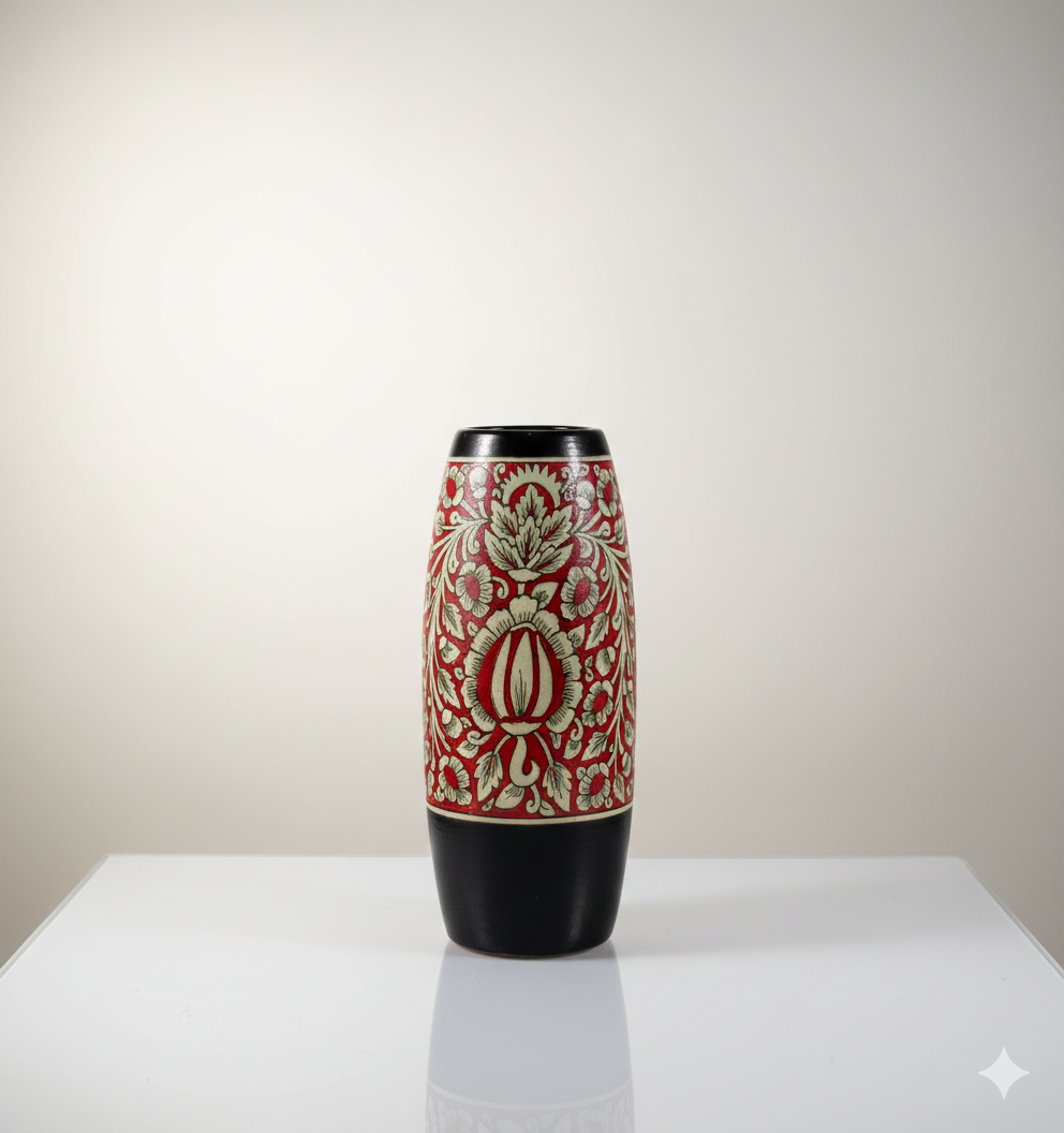 Decorative vase with intricate red and white pattern on a plain background