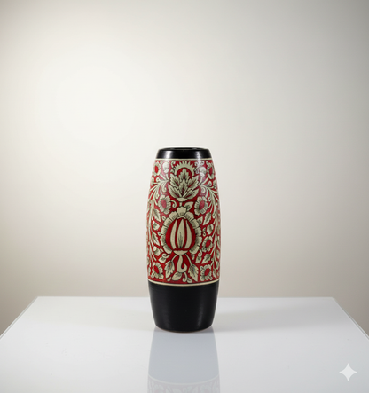 Decorative vase with intricate red and white pattern on a plain background