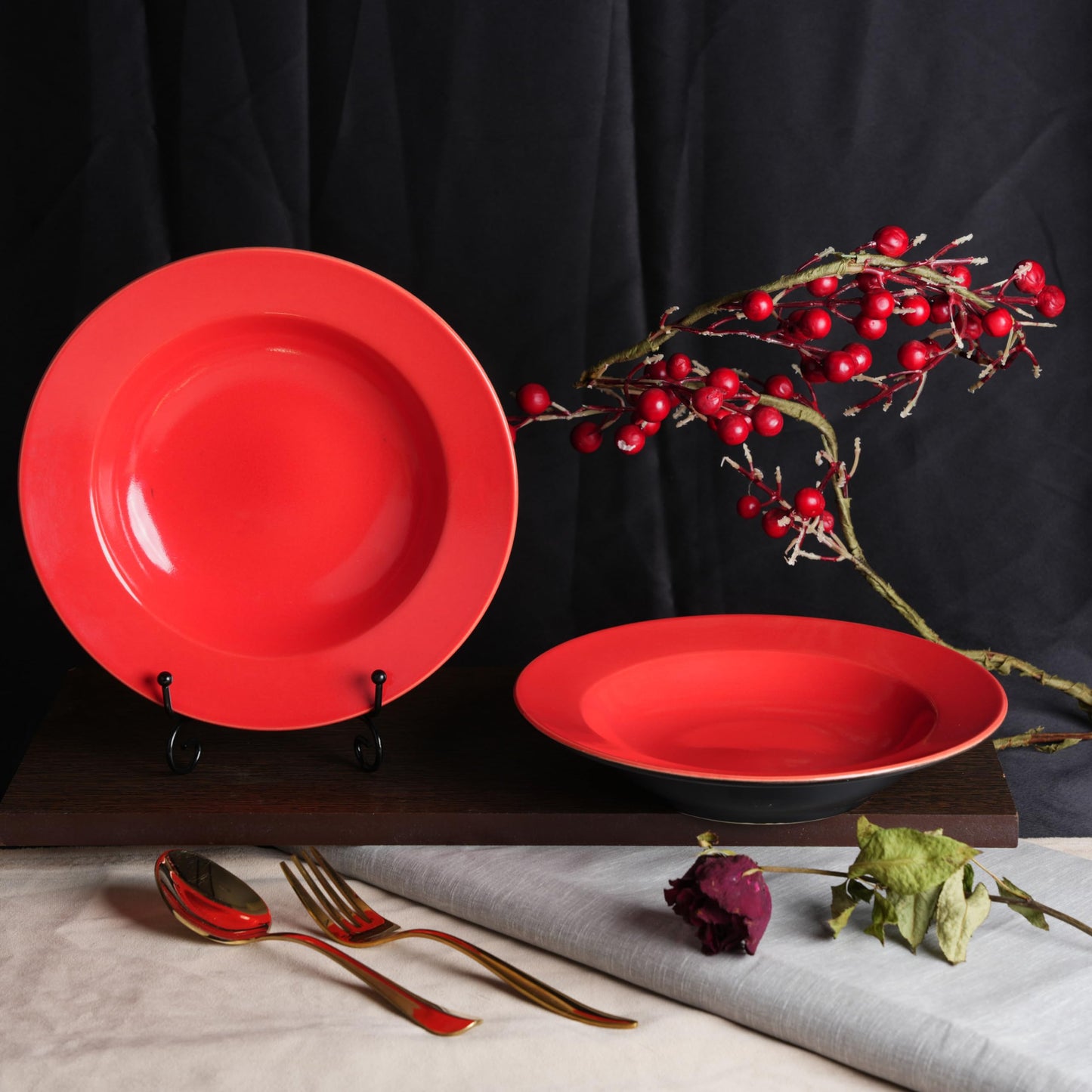 Caffeine Ceramic Handmade Stoneware Plain Red and Black  9"Soup Plate set of 6