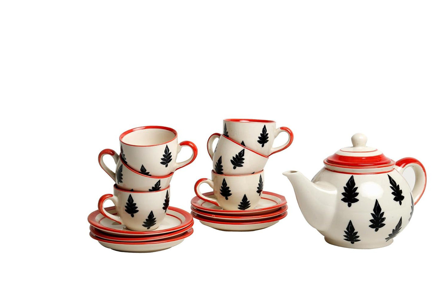 Caffeine Ceramic Handmade Stoneware Black Tree Tea Set (Set of 15 pcs) - Caffeine Premium Stoneware