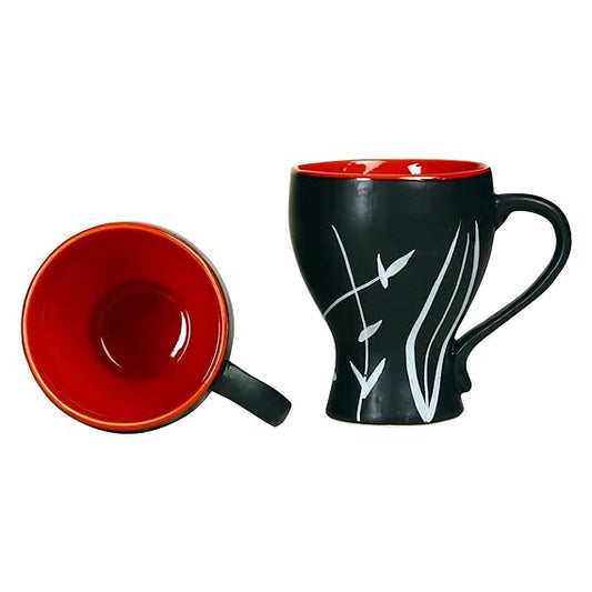 Caffeine Premium Ceramic Handmade Black & Red Leaf Coffee Mug (Set of 6) - Caffeine Premium Stoneware