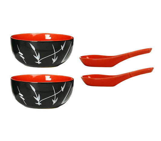 Caffeine Ceramic Handmade Black Bamboo Soup Bowl with Spoon (Set of 2) - Caffeine Premium Stoneware