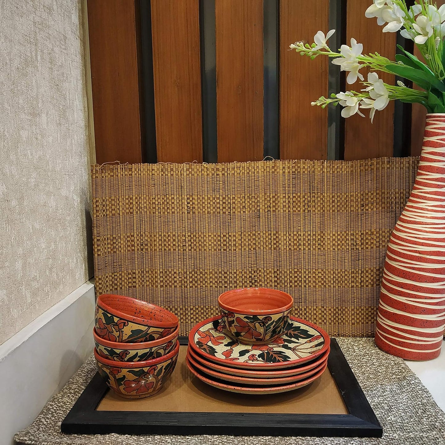 Caffeine Ceramic Handmade Rustic Flora Combo Dinner Set of 12 pcs.4 (Dinner Plate, 4 Quarter Plate, 4 Katori Bowl)