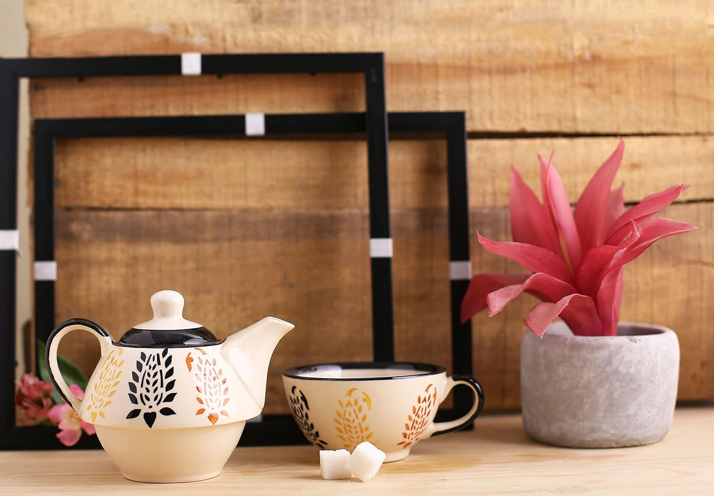 Caffeine Ceramic Handmade Blue boota 2 in1 Tea Pot (Set of 1, Single Kettle with Cup)