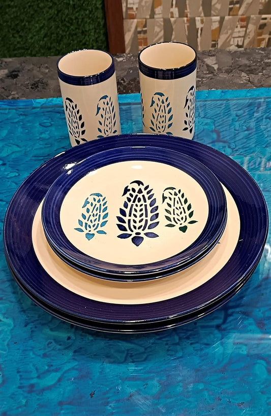 Piece Blue Boota dinnerware set featuring blue and white floral Mughal patterns on ceramic plates and bowl