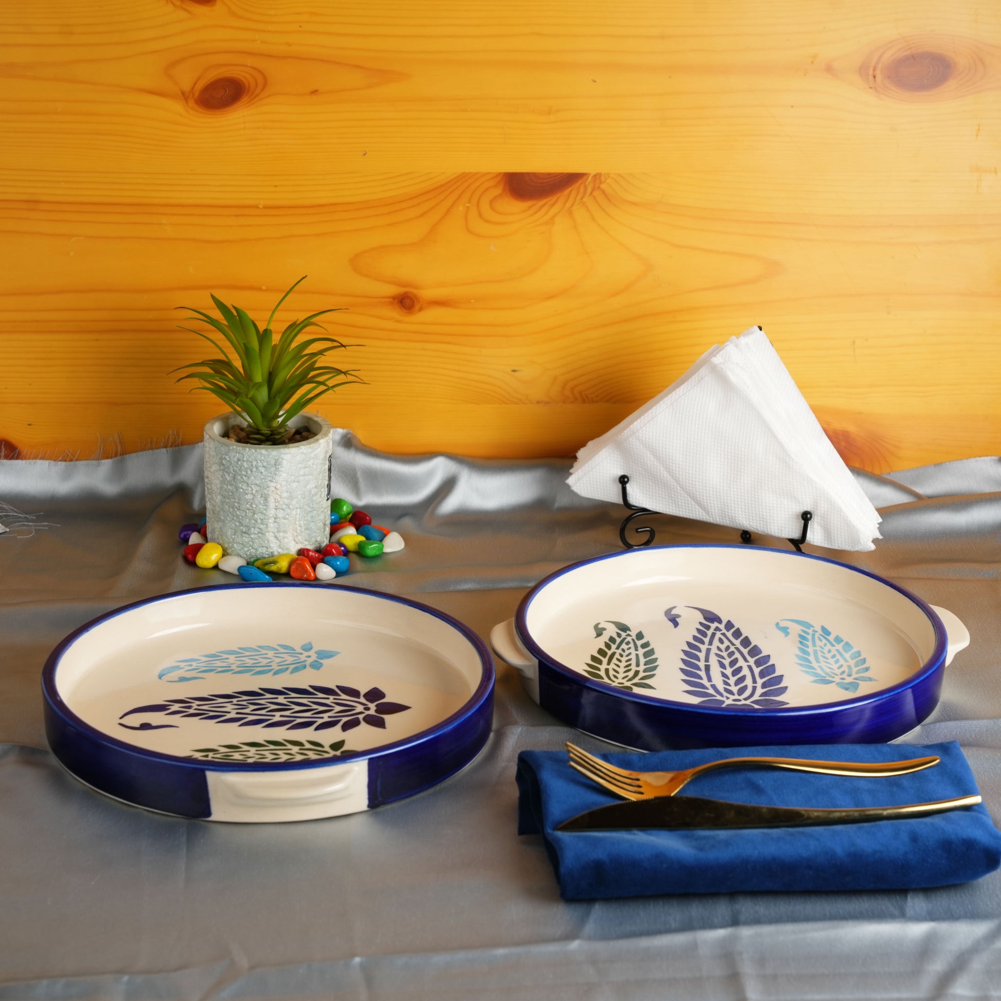 Caffeine Ceramic Stoneware Handmade Blue Boota Sizzler Tray 9.5 Inch (Set of 4) - Caffeine Premium Stoneware