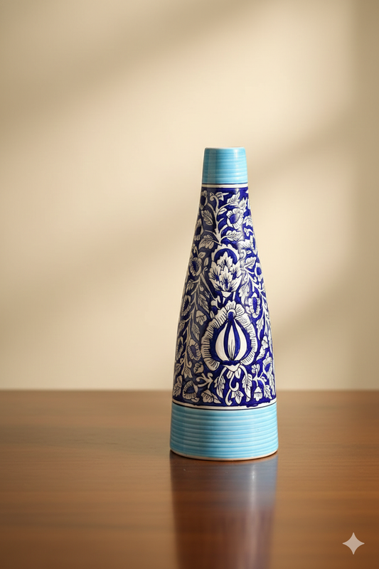Decorative blue and white ceramic bottle on a wooden surface with a beige background