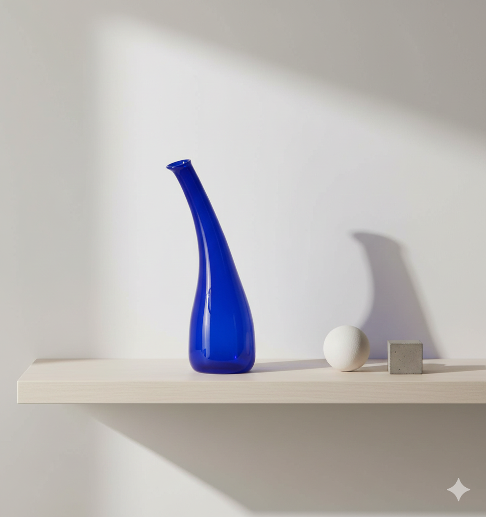 Blue glass vase on a white shelf against a white wall