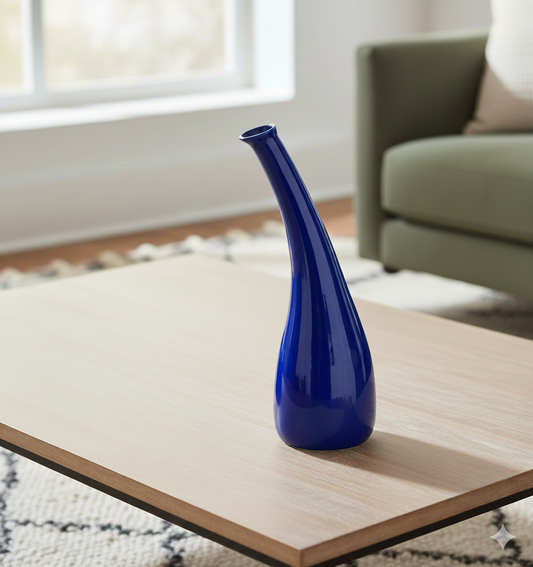 Blue vase on a wooden coffee table in a living room setting