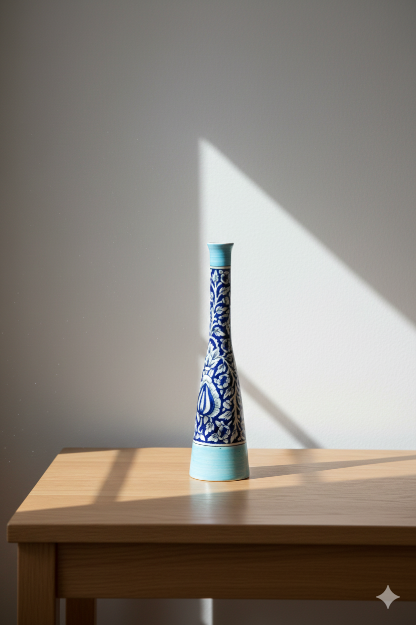Decorative vase with blue and white pattern on a wooden table with a gray wall background