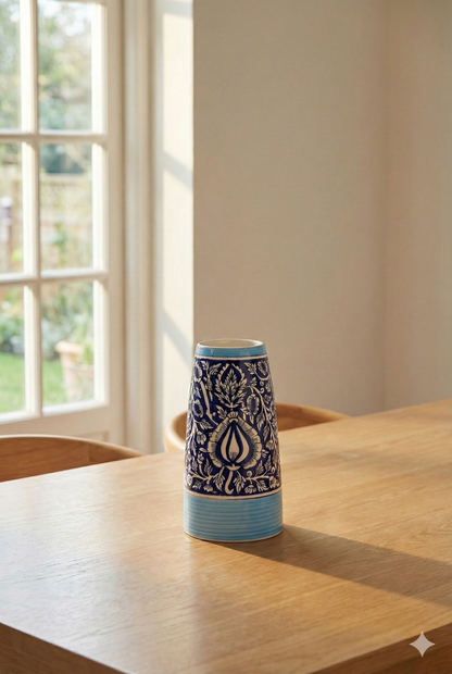 Ceramic vase with blue and white pattern on a wooden table by a window