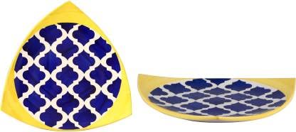 Caffeine Ceramic Handmade Blue Umrao Triangle Plates 10 inch (Set of 4)