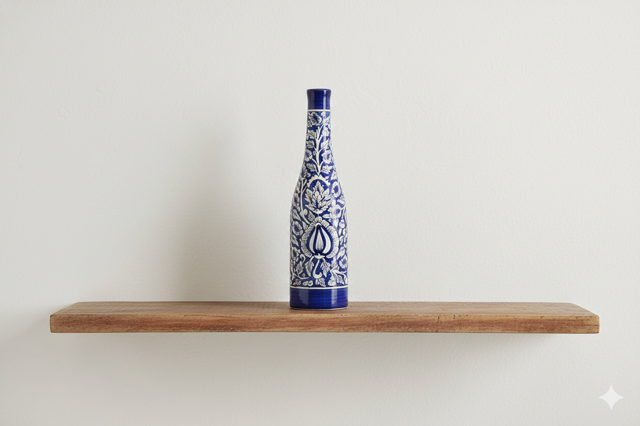 Blue and white ceramic bottle on a wooden shelf against a white background