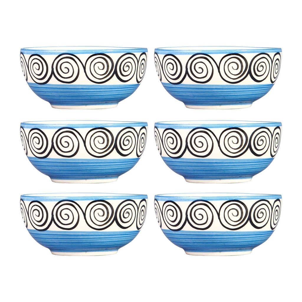 Caffeine Ceramic Handmade Blue Doodle Dessert Bowl (Set of 6, 150 ml) - Caffeine Premium Stoneware