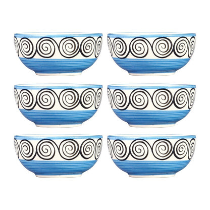 Caffeine Ceramic Handmade Blue Doodle Dessert Bowl (Set of 6, 150 ml) - Caffeine Premium Stoneware