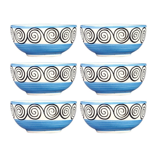 Caffeine Ceramic Handmade Blue Doodle Dessert Bowl (Set of 6, 150 ml) - Caffeine Premium Stoneware