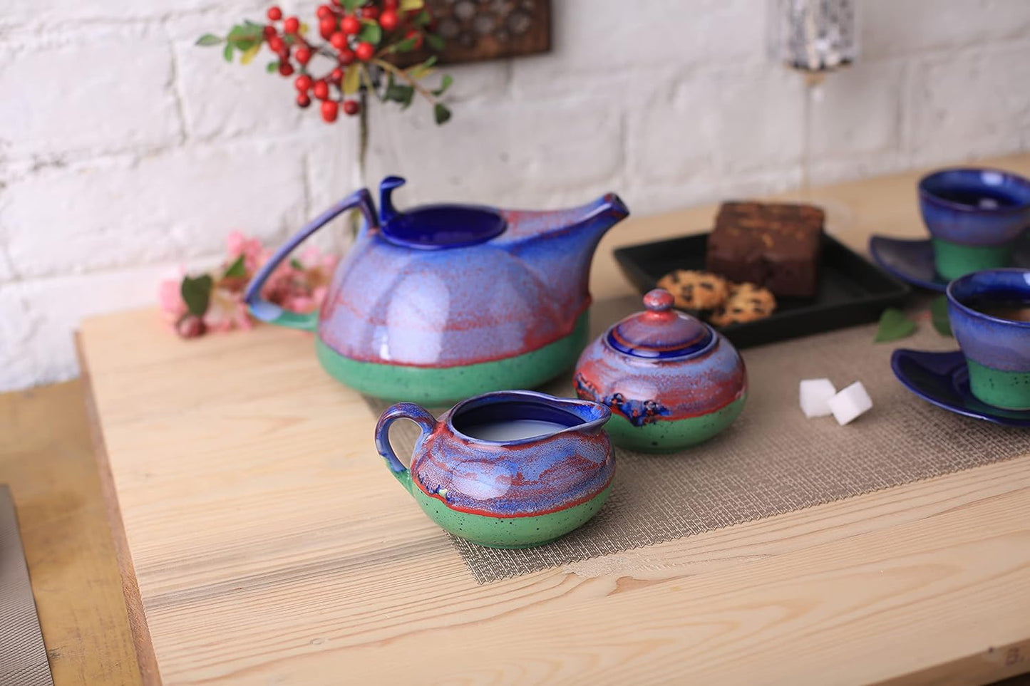 Caffeine Ceramic Handmade Tea Set Blue & Green Studio Printed Tea Sets (Set of 15 pcs) - Caffeine Premium Stoneware