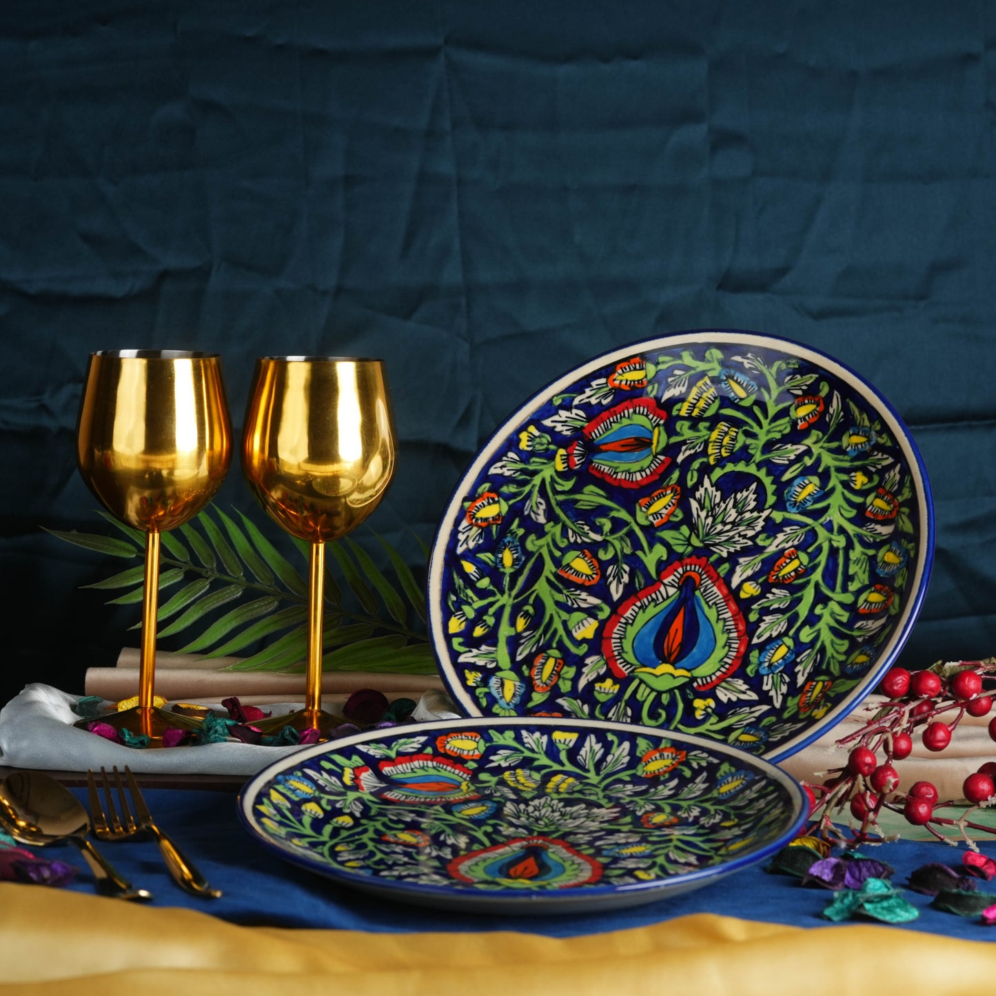 Caffeine Ceramic Handmade Stoneware Blue Jaipuri Dinner Plate set of 4 - Caffeine Premium Stoneware