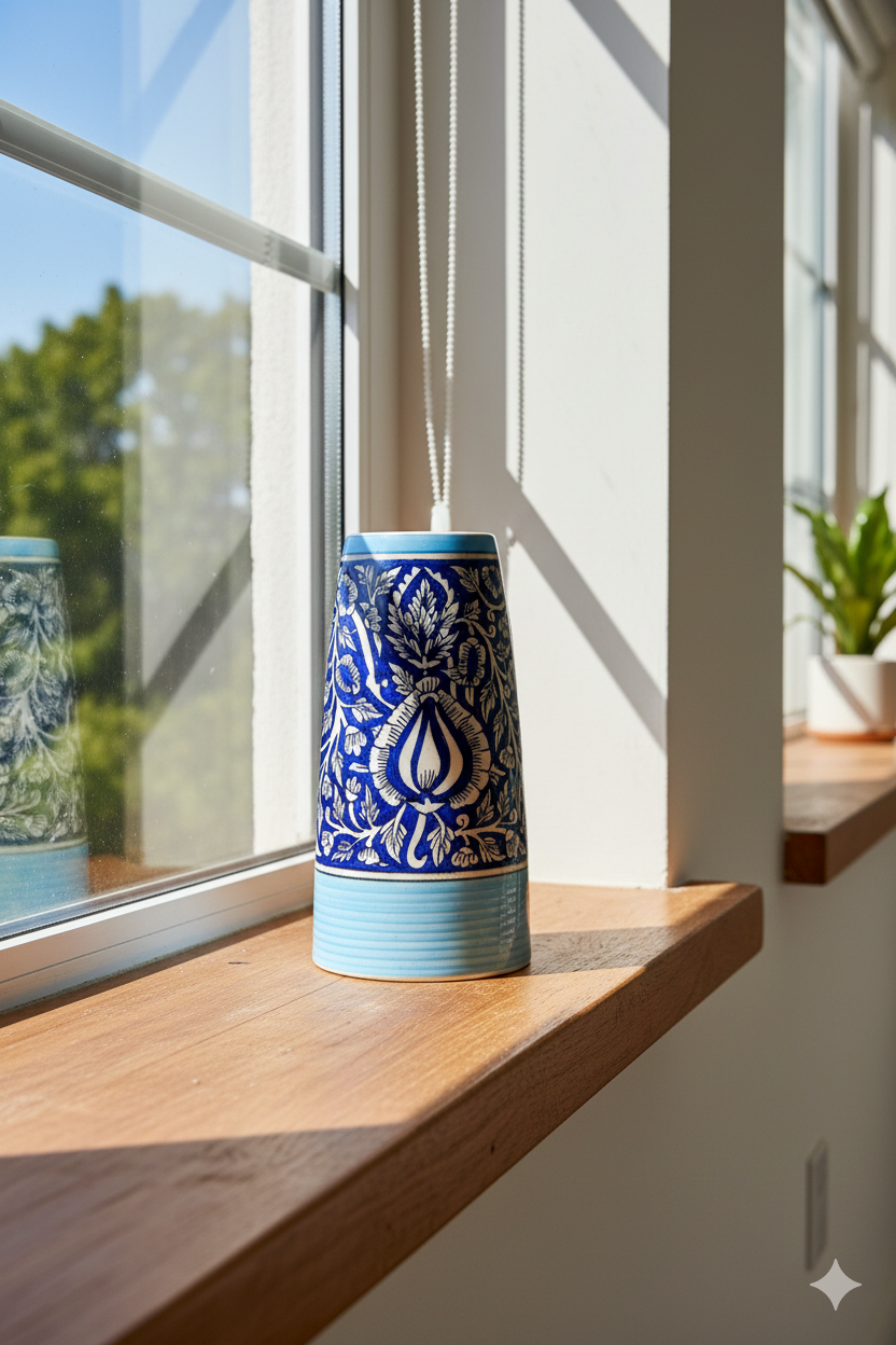 Blue ceramic vase with intricate patterns on a wooden windowsill.