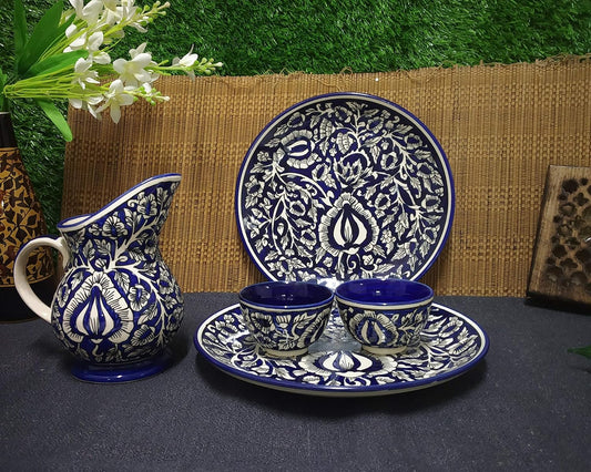 Caffeine Ceramic Handmade Blue Mughal Combo Dinner Set (5 pcs.)