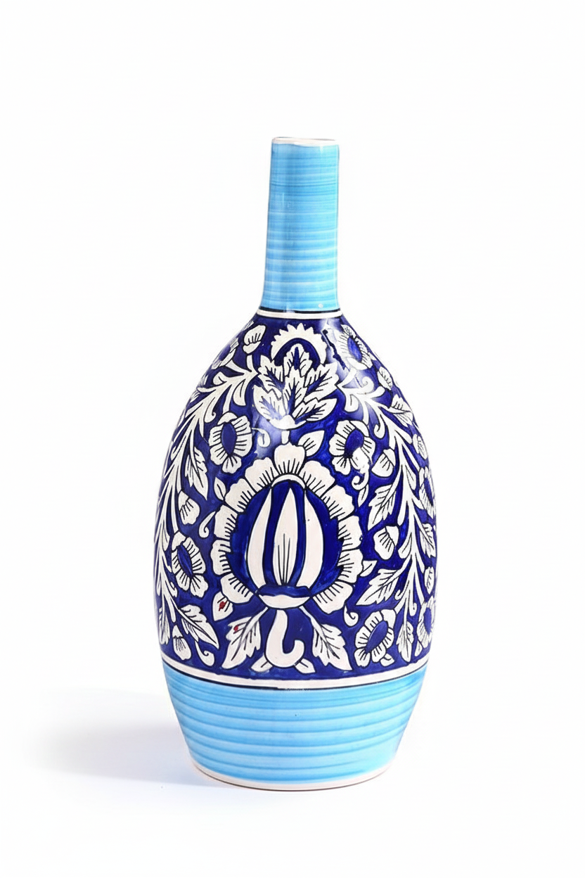Decorative ceramic bottle with blue and white pattern on a white background