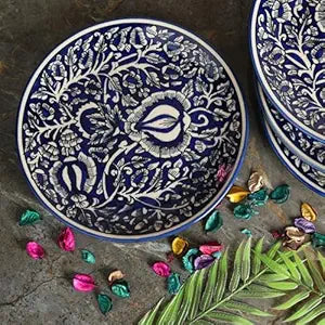 Caffeine premium ceramic handmade stoneware blue mughal quarter plates microwave safe and dishwasher safe 