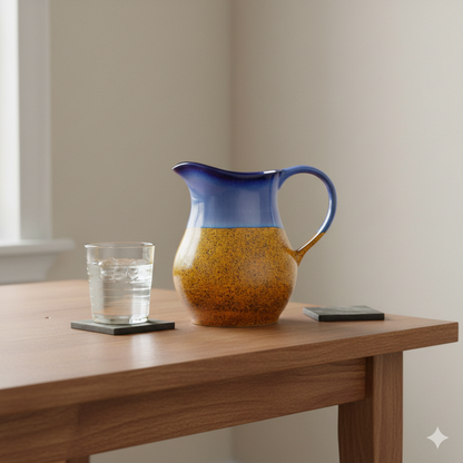 Ceramic pitcher with blue top and brown body on a wooden table next to a glass of water.