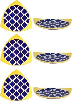 Caffeine premium Ceramic Handmade Blue Umrao Triangle Plates 10 inch (Set of 6)