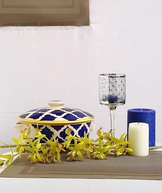 Caffeine Ceramic Handmade Blue Umrao Serving Casserole with Lid (Set of 1 Small)
