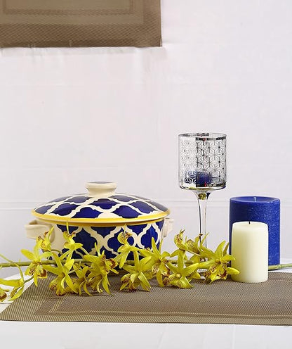 Caffeine Ceramic Handmade Blue Umrao Serving Casserole with Lid (Set of 1 Small)