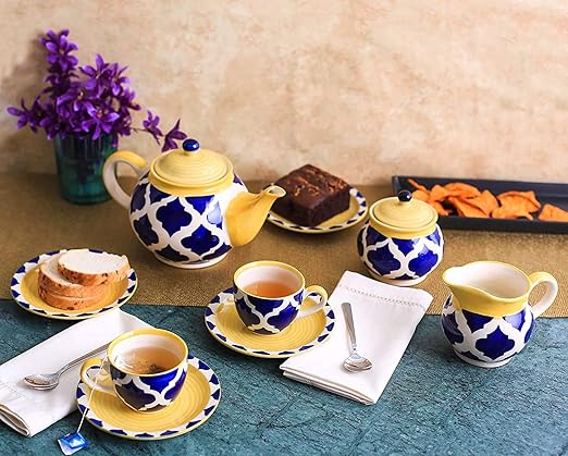 Caffeine Ceramic Handmade Blue umrao Printed Tea Sets (Set of 15 pcs) - Caffeine Premium Stoneware