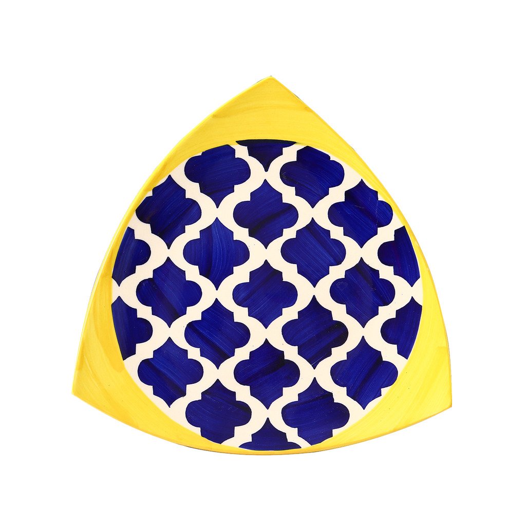 Caffeine Premium Ceramic Handmade Blue Umrao Triangle Plate (1Set)