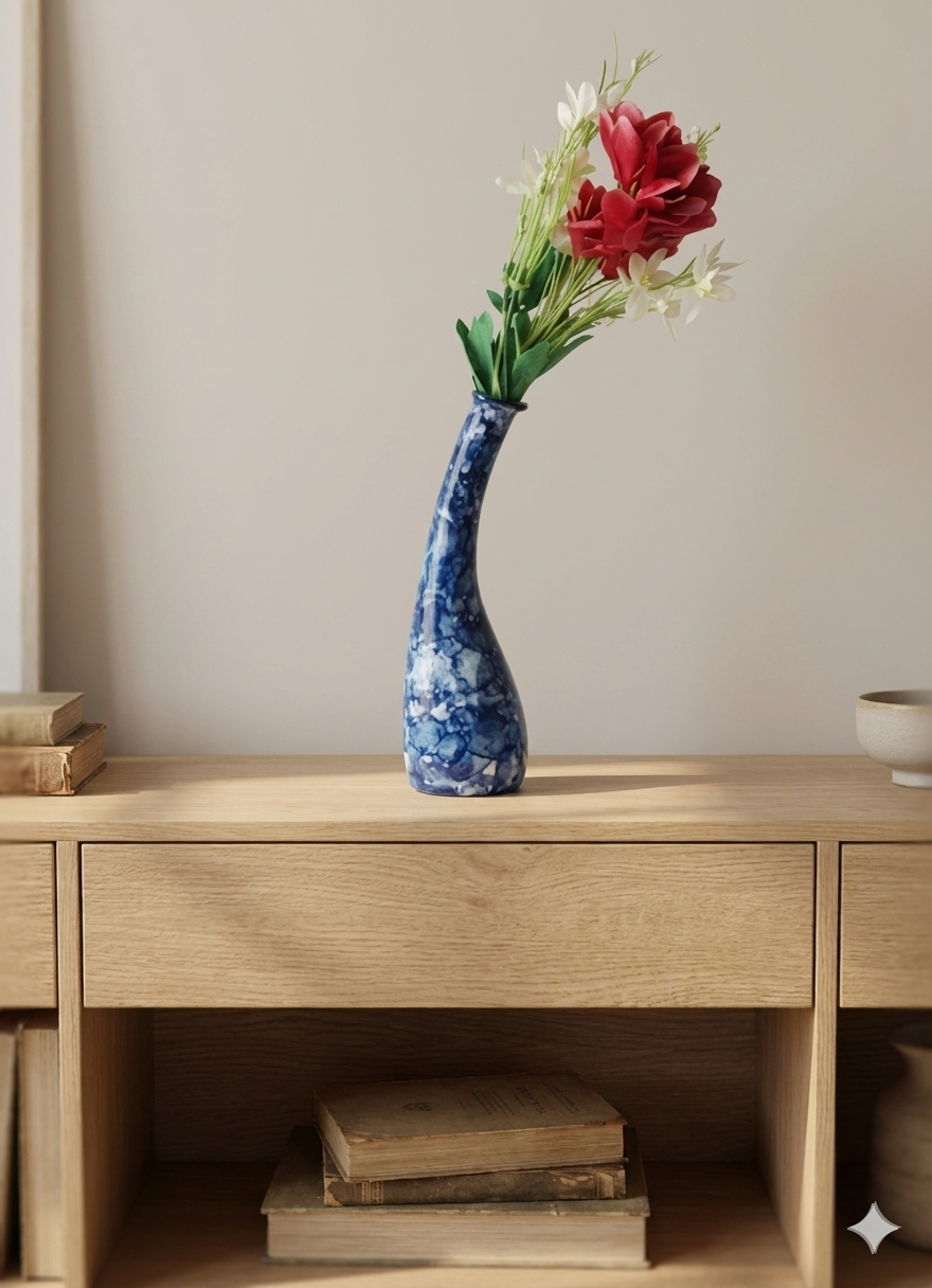 Blue and white ceramic vase with red flowers on a wooden surface against a neutral wall.