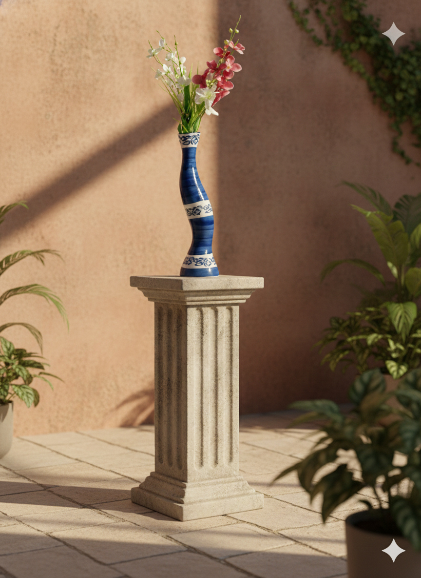 Decorative vase with flowers on a stone pedestal against a beige wall.