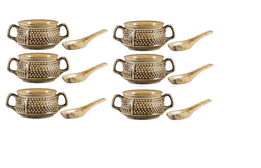 Caffeine Ceramic Handmade Metallic Wood Brown Handle Soup Bowl with spoon set of 6 - Caffeine Premium Stoneware
