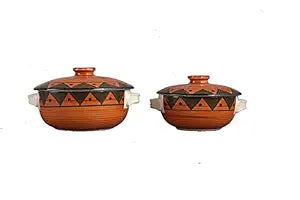 Caffeine Premium Ceramic  Brown Soorya Serving Donga Casserole (1 Large, 1 Small, Set of 2)