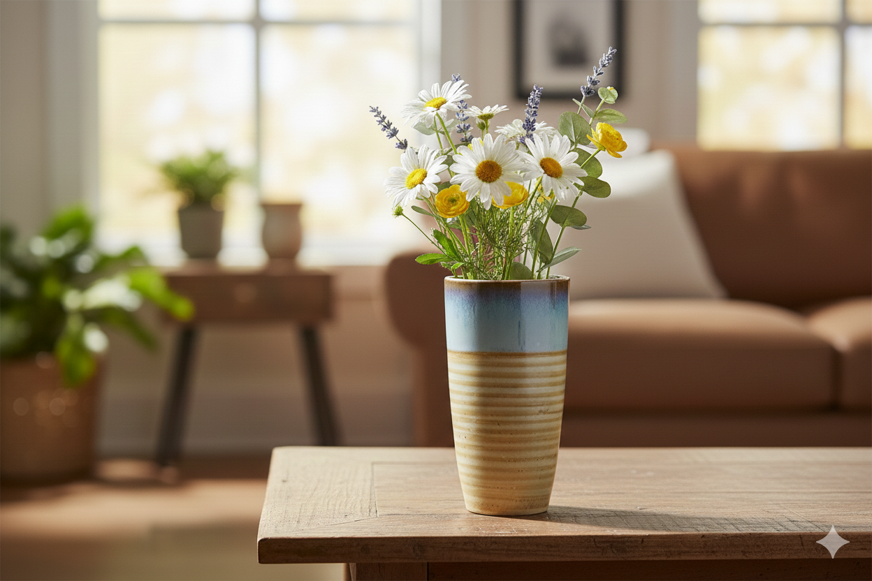 Vase with flowers on a wooden table in a living room