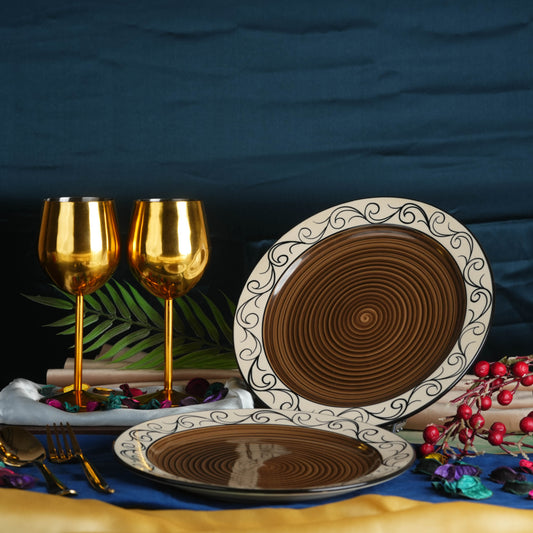 Caffeine Ceramic Handmade Brown Doodle Dinner Plate 10" inch(Set of 2) - Caffeine Premium Stoneware