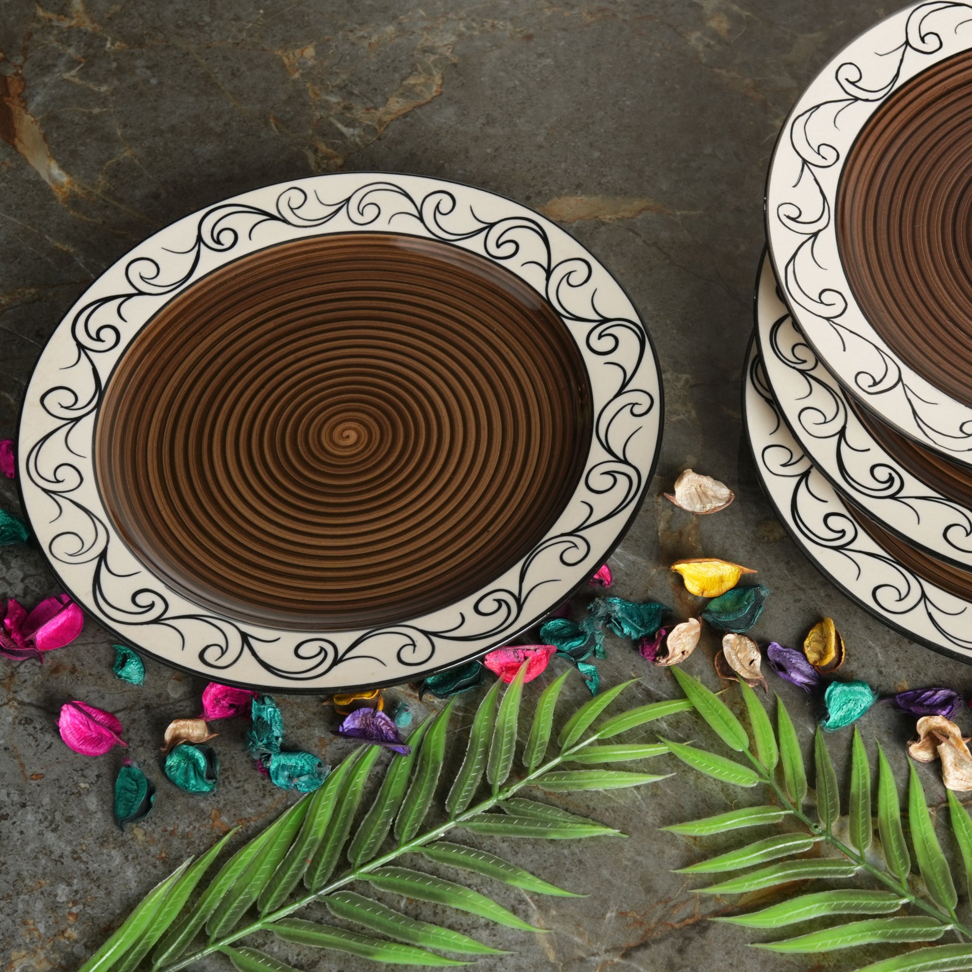 Caffeine Ceramic Handmade Brown Doodle Dinner Plate set of 4 - Caffeine Premium Stoneware