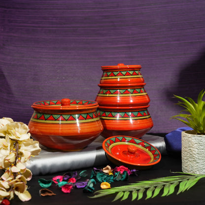 Caffeine Ceramic Rustic Brown Hand Painted  Biryani Handi with Lids Set & Dahi Handi (Set of 4) - Caffeine Premium Stoneware