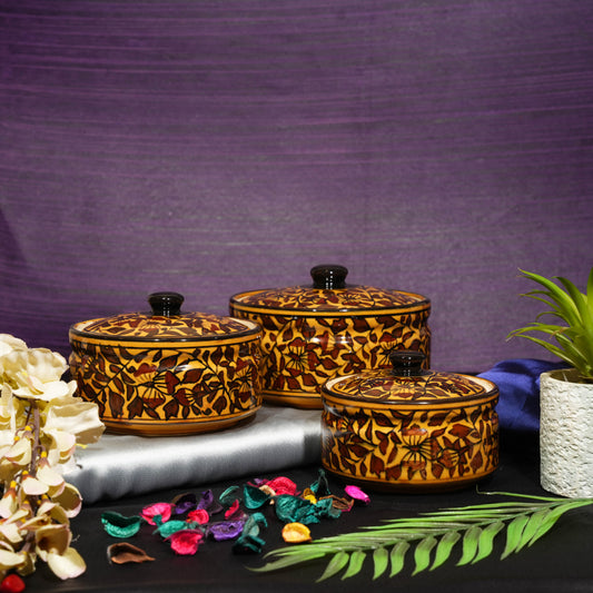 Caffeine Ceramic Handmade Brown Sehra Serving Casserole with Lid (Set of 3) - Caffeine Premium Stoneware