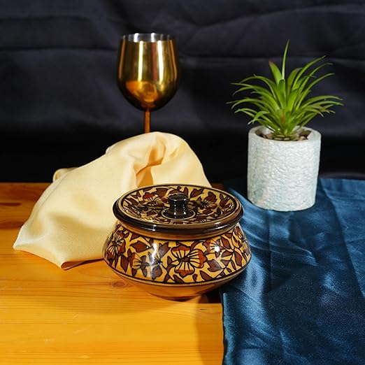 Caffeine Ceramic Handmade Brown Sehra Serving Handi with Lid (Set of 1) extra Small