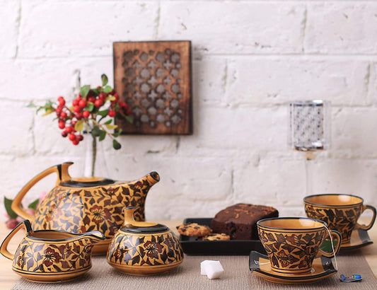Caffeine Ceramic Handmade Stoneware Brown Sehra Tea Set of 15 - Caffeine Premium Stoneware