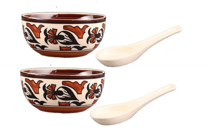 Caffeine Ceramic Handmade Flower Print Soup Bowl with Spoon (Set of 2) - Caffeine Premium Stoneware