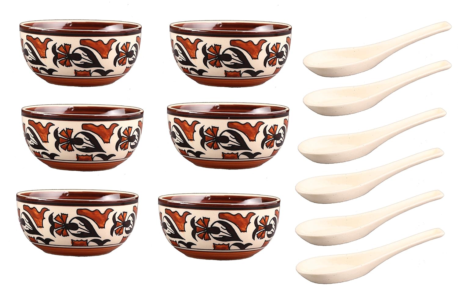 Caffeine Ceramic Handmade Brown and White Flower Print Soup Bowl with spoon set of 6 - Caffeine Premium Stoneware