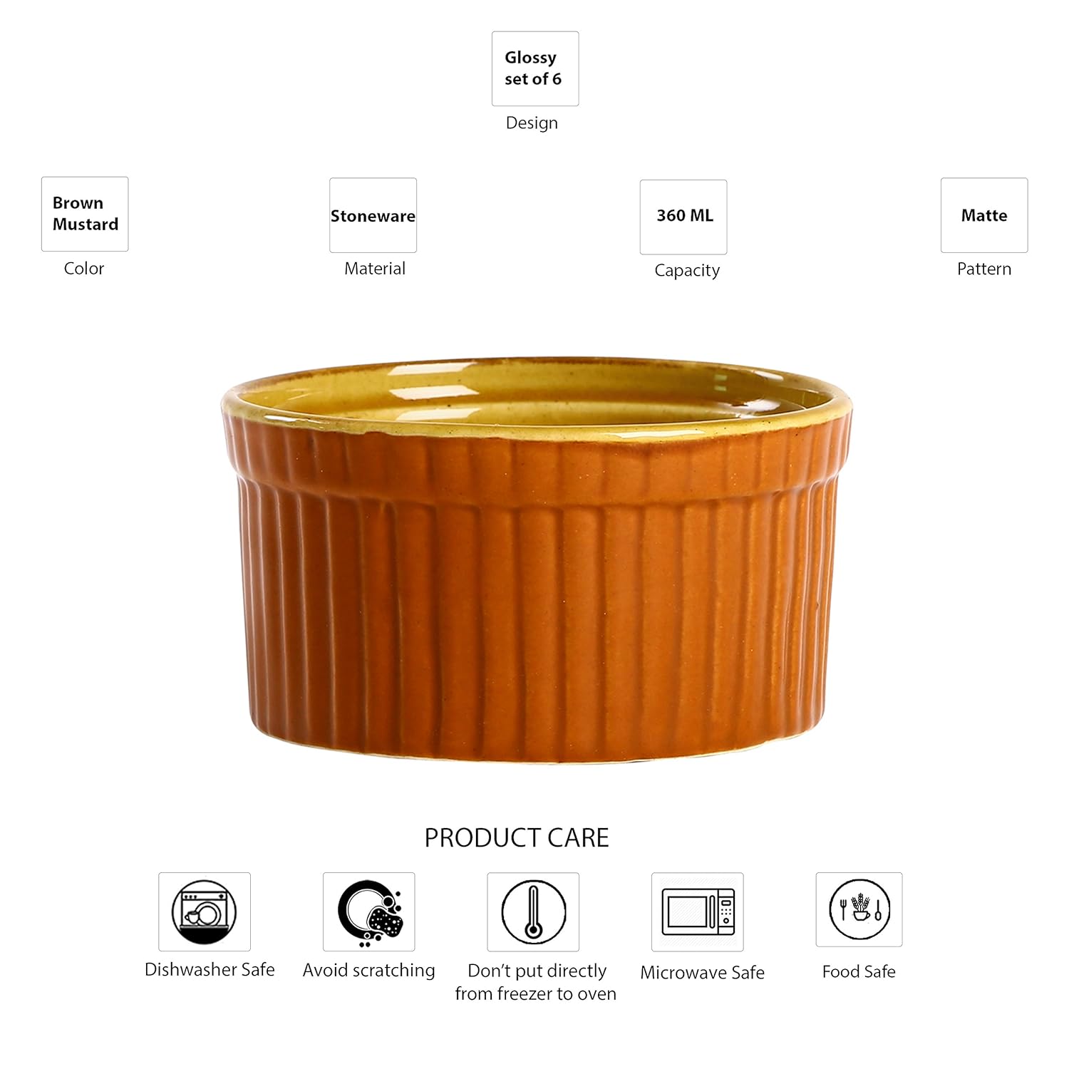 Caffeine Ceramic Handmade Matte Brown & Yellow Ramekins bowl (Set of 6, 150 ml) - Caffeine Premium Stoneware